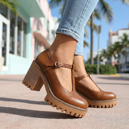 Women's Chunky T-Strap Heels with Block Heel