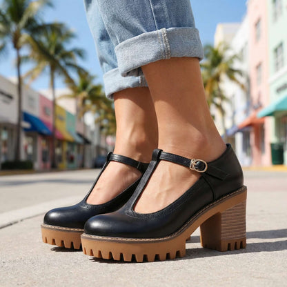 Women's Chunky T-Strap Heels with Block Heel