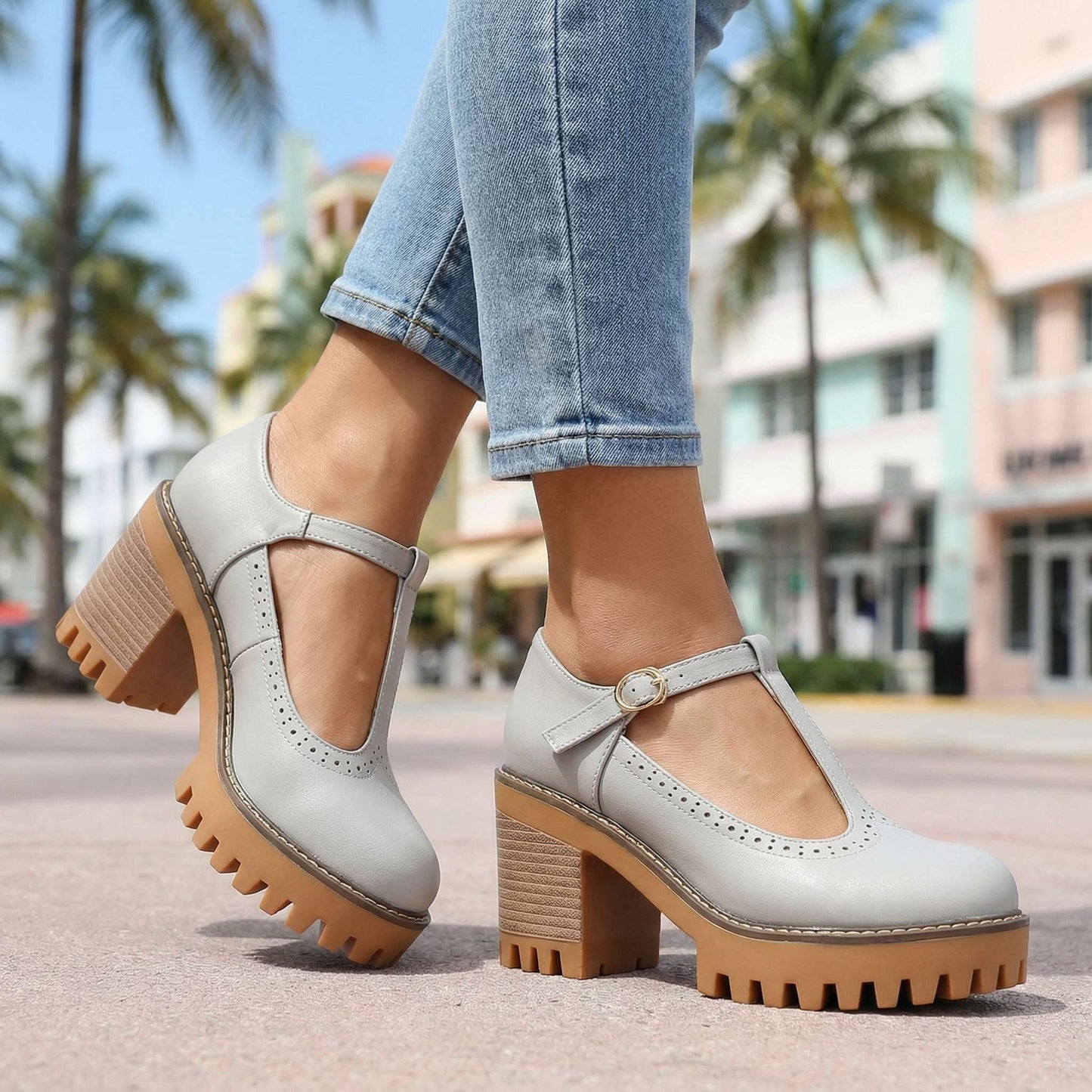Women's Chunky T-Strap Heels with Block Heel
