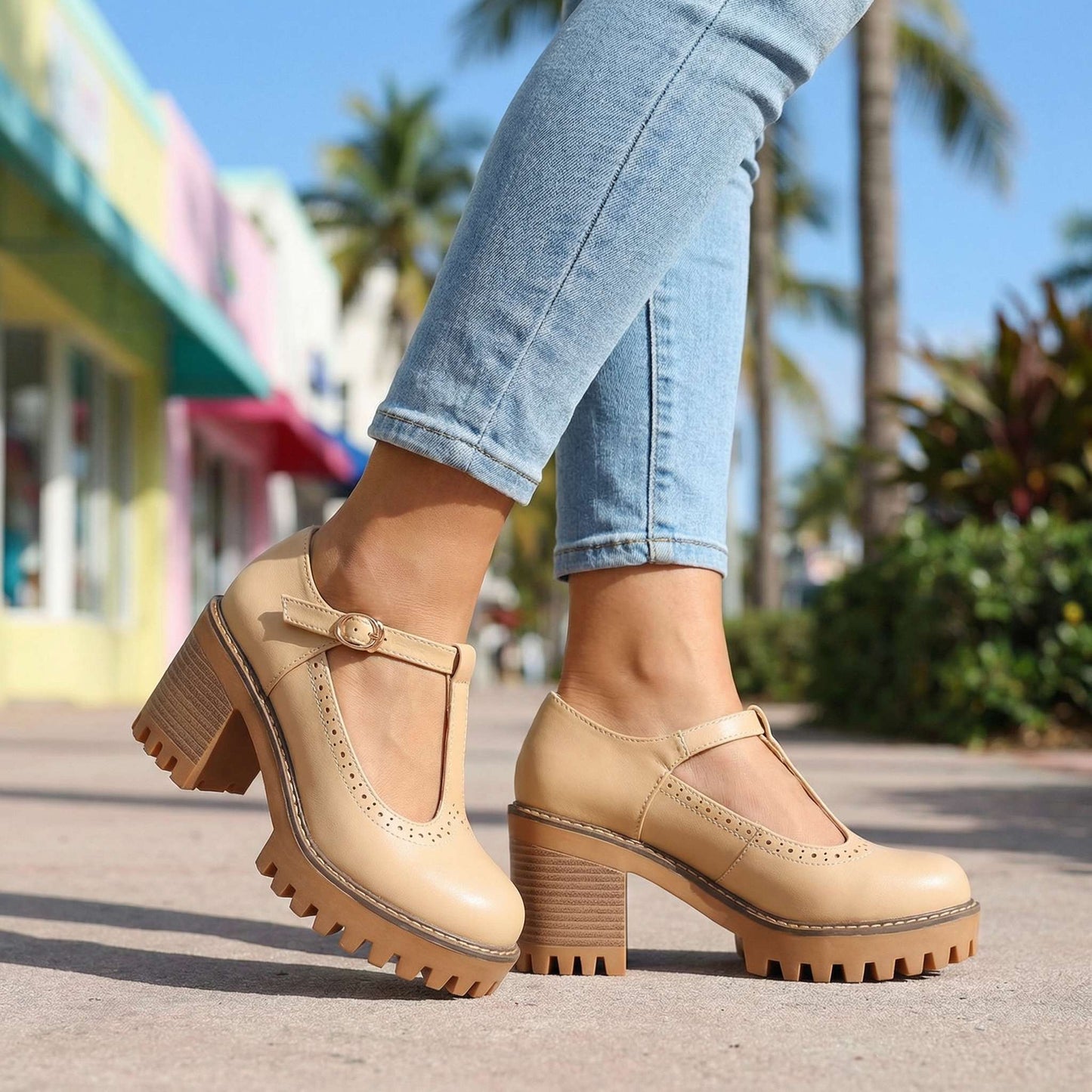 Women's Chunky T-Strap Heels with Block Heel