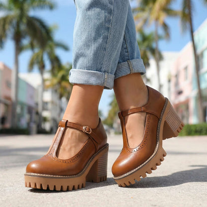Women's Chunky T-Strap Heels with Block Heel