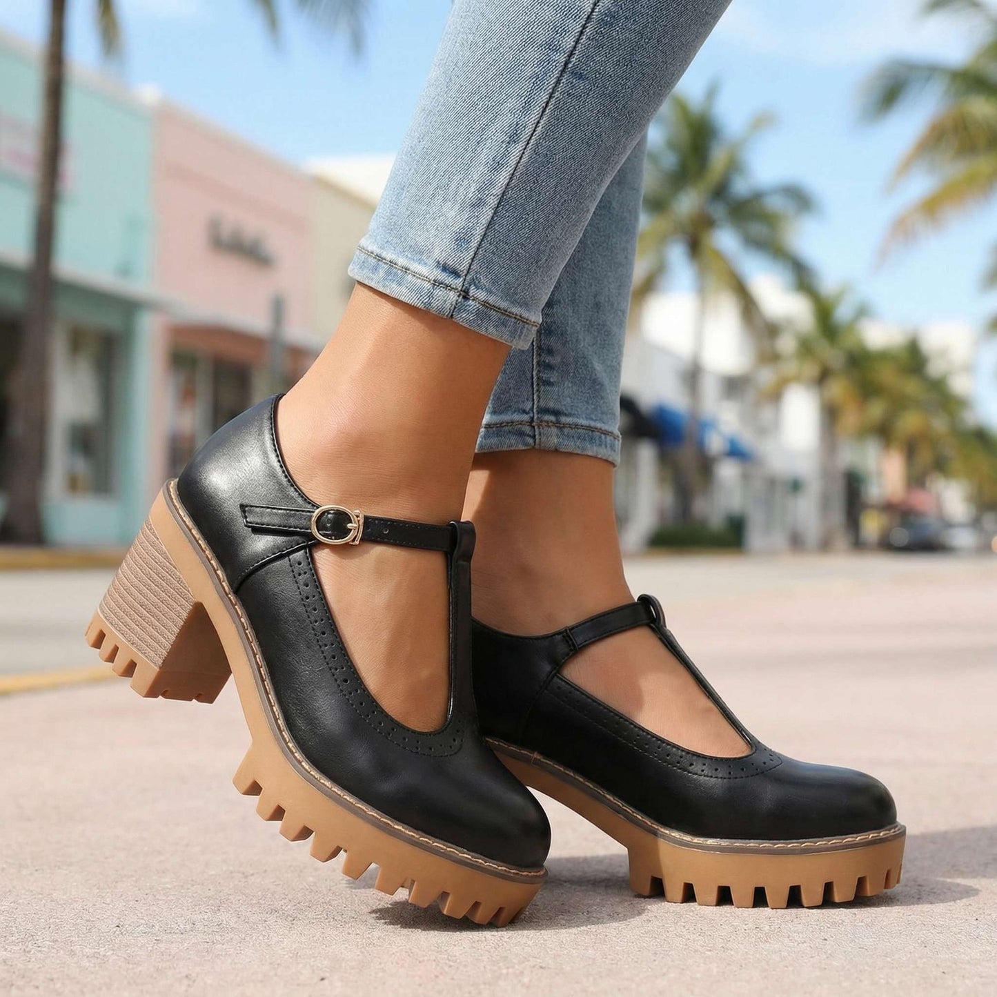 Women's Chunky T-Strap Heels with Block Heel