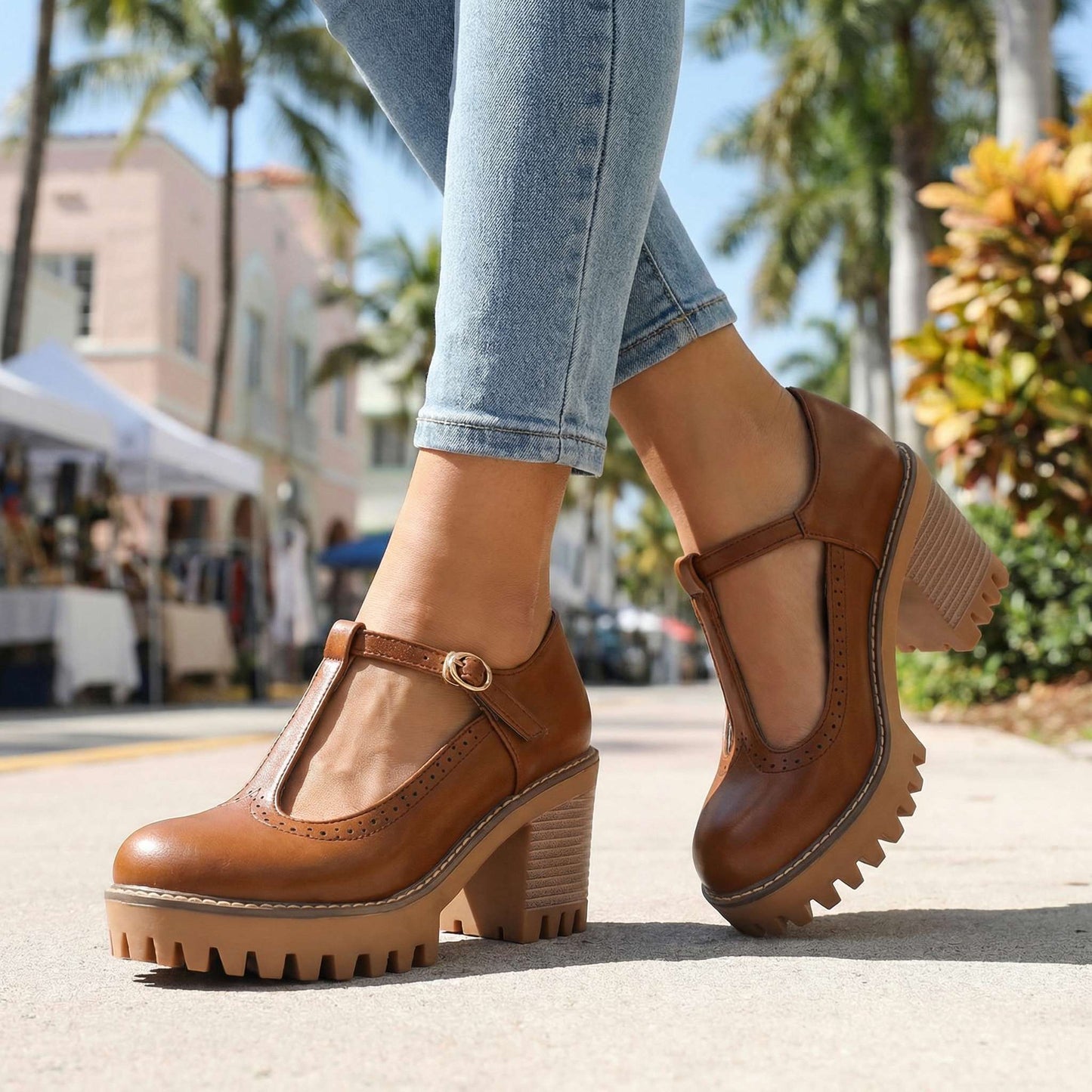 Women's Chunky T-Strap Heels with Block Heel