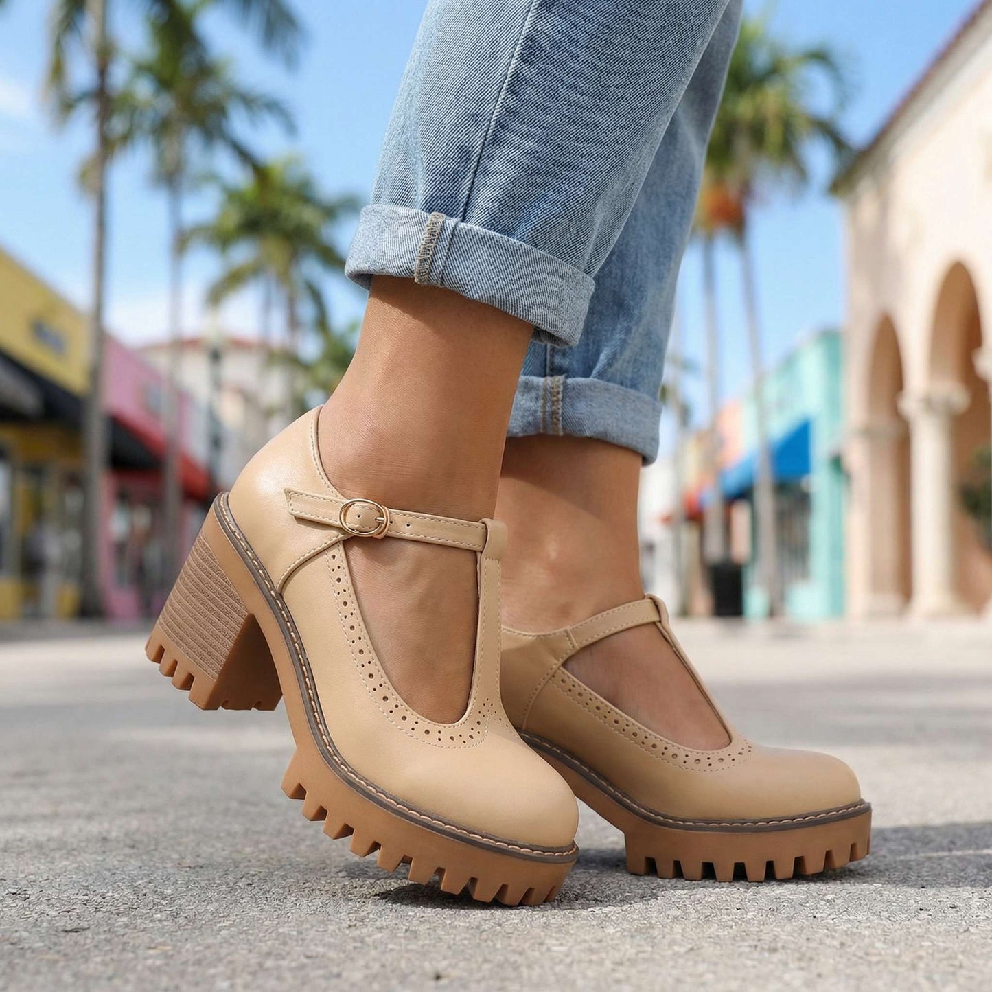Women's Chunky T-Strap Heels with Block Heel