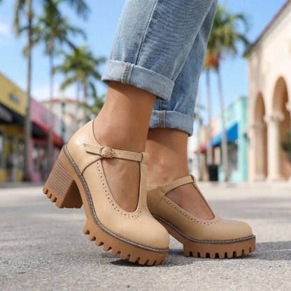 Women's Chunky T-Strap Heels with Block Heel