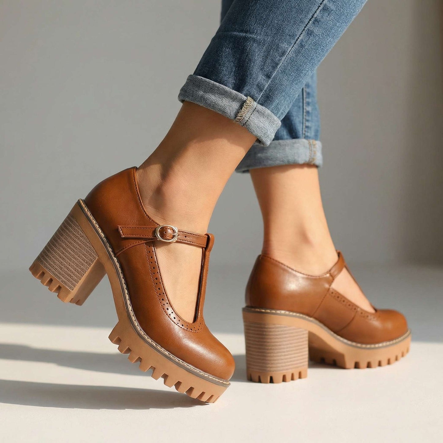 Women's Chunky T-Strap Heels with Block Heel