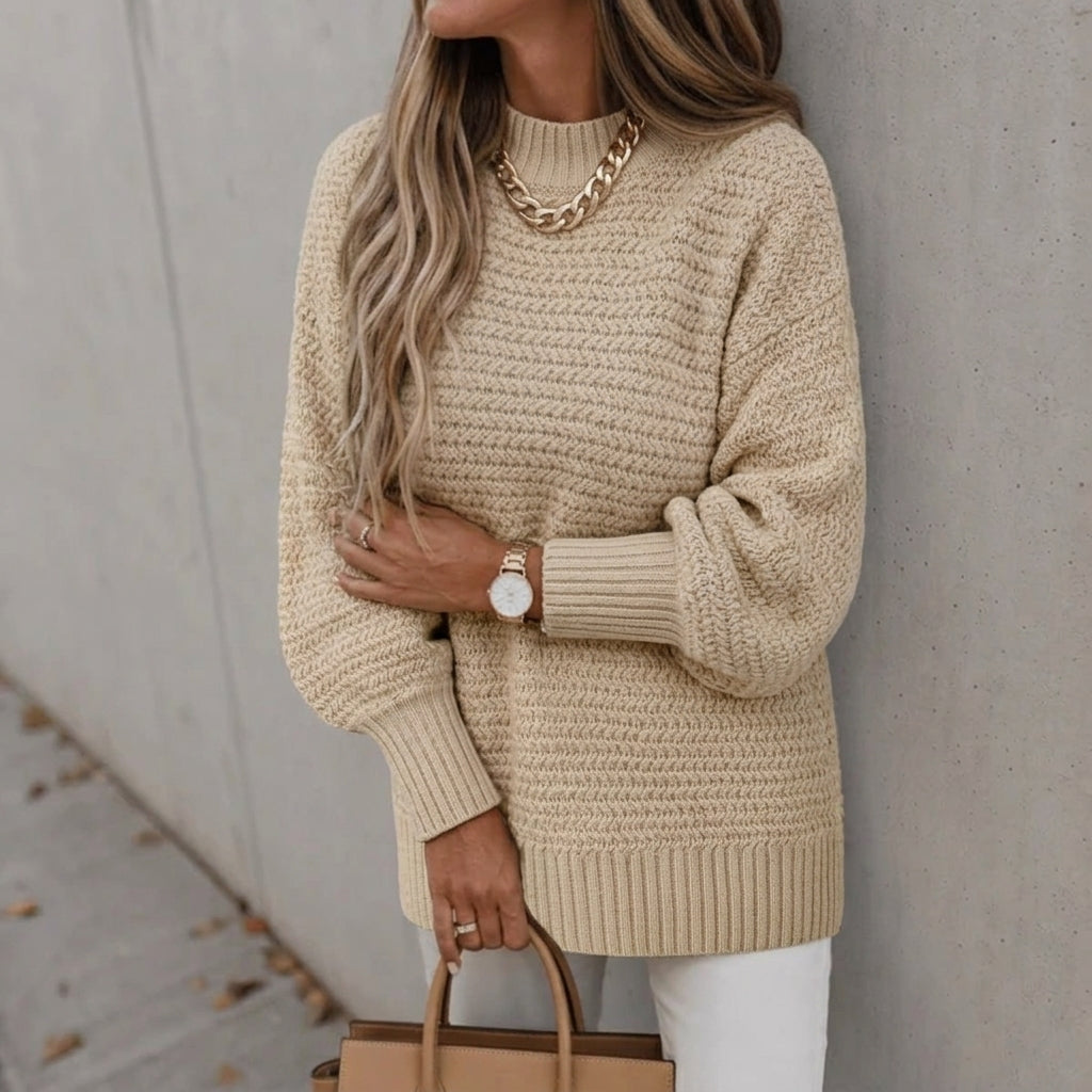 Women's Chunky Waffle Knit Jumper with Oversized Mock Neck