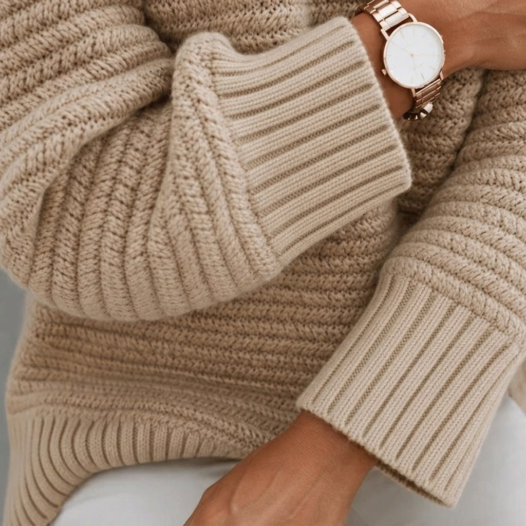 Women's Chunky Waffle Knit Jumper with Oversized Mock Neck