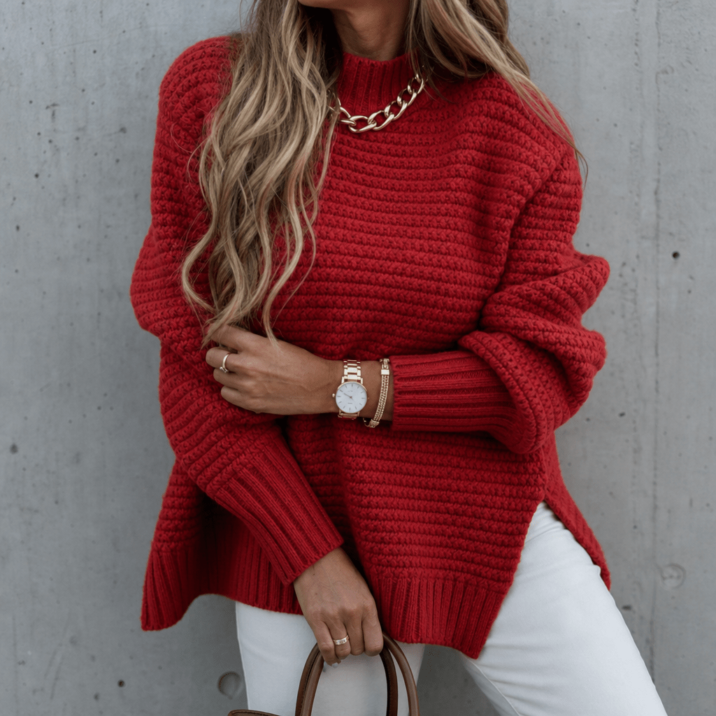 Women's Chunky Waffle Knit Jumper with Oversized Mock Neck