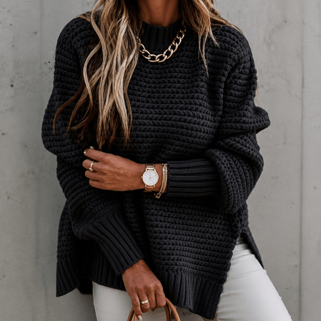 Women's Chunky Waffle Knit Jumper with Oversized Mock Neck