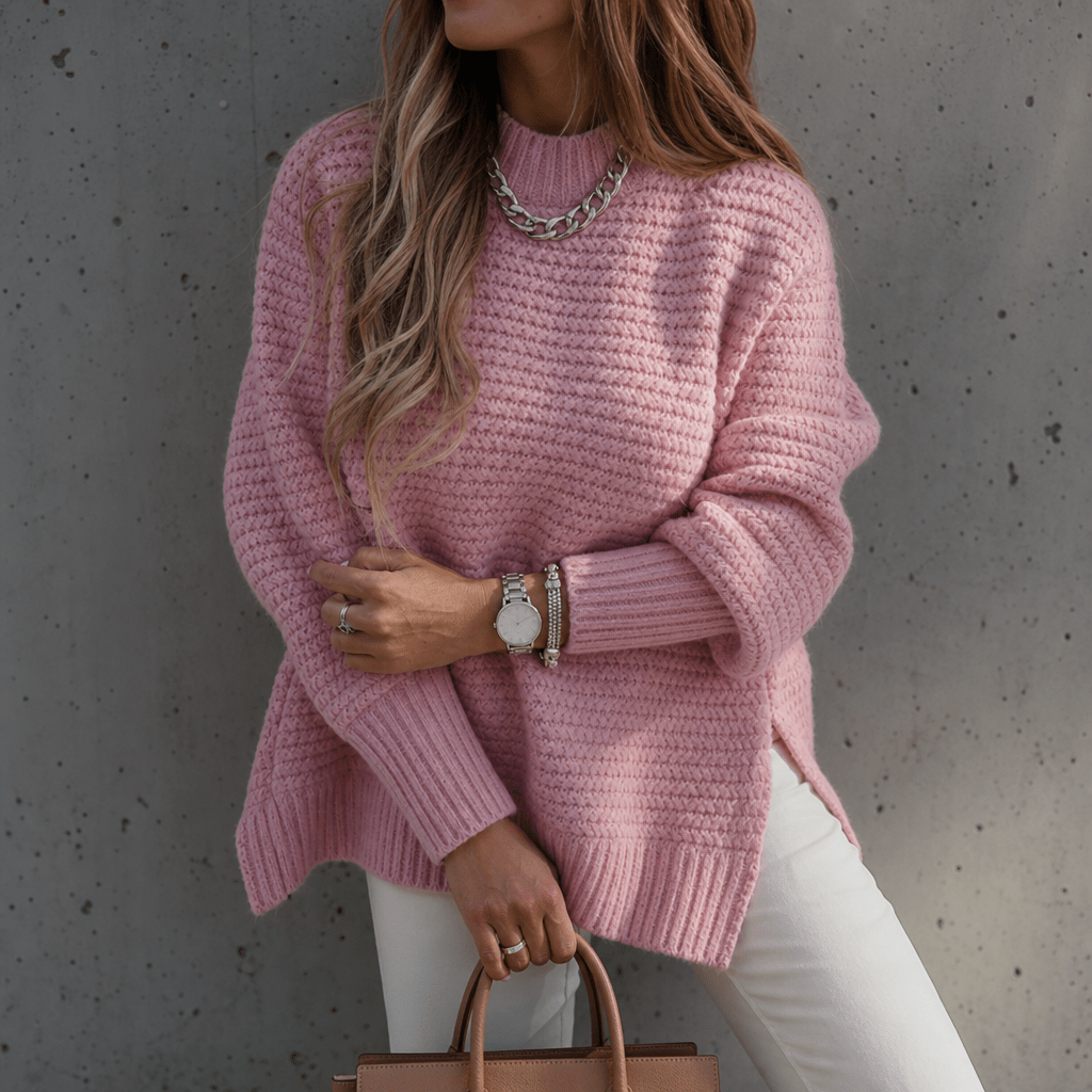 Women's Chunky Waffle Knit Jumper with Oversized Mock Neck