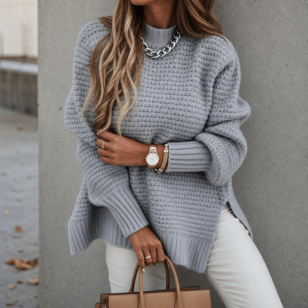 Women's Chunky Waffle Knit Jumper with Oversized Mock Neck