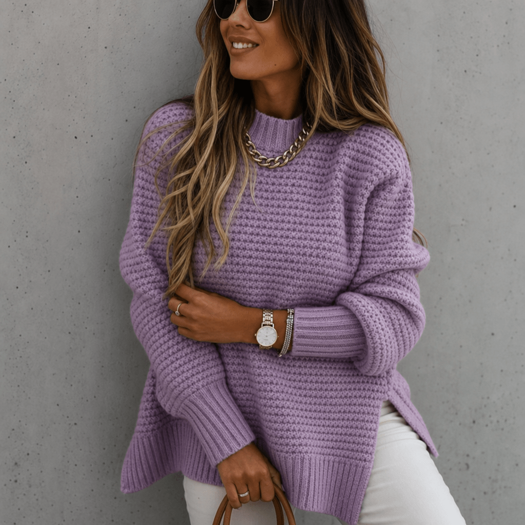 Women's Chunky Waffle Knit Jumper with Oversized Mock Neck