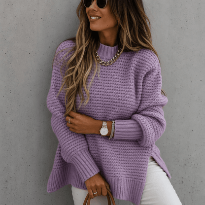 Women's Chunky Waffle Knit Jumper with Oversized Mock Neck