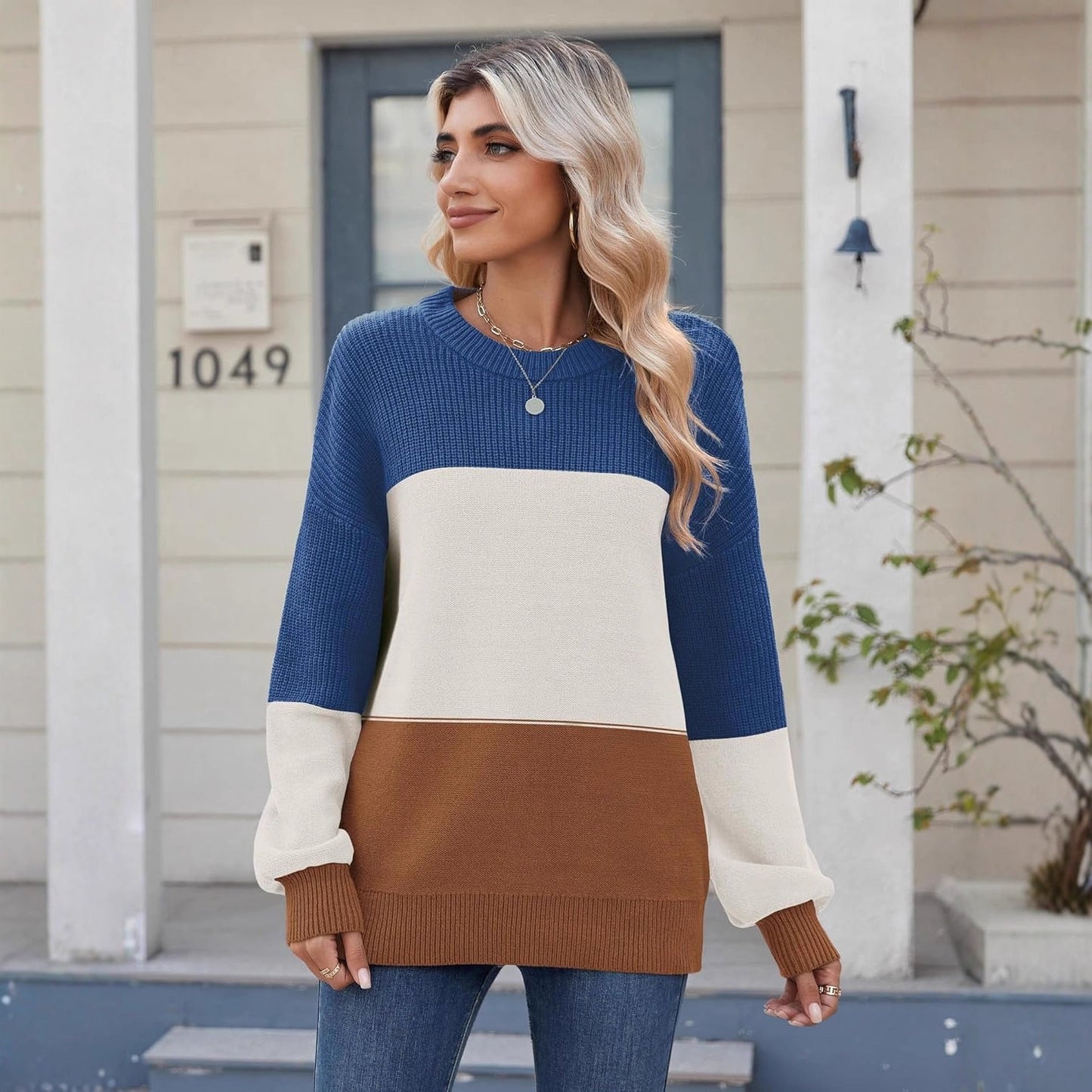 Women's Color Block Sweater with Loose Fit