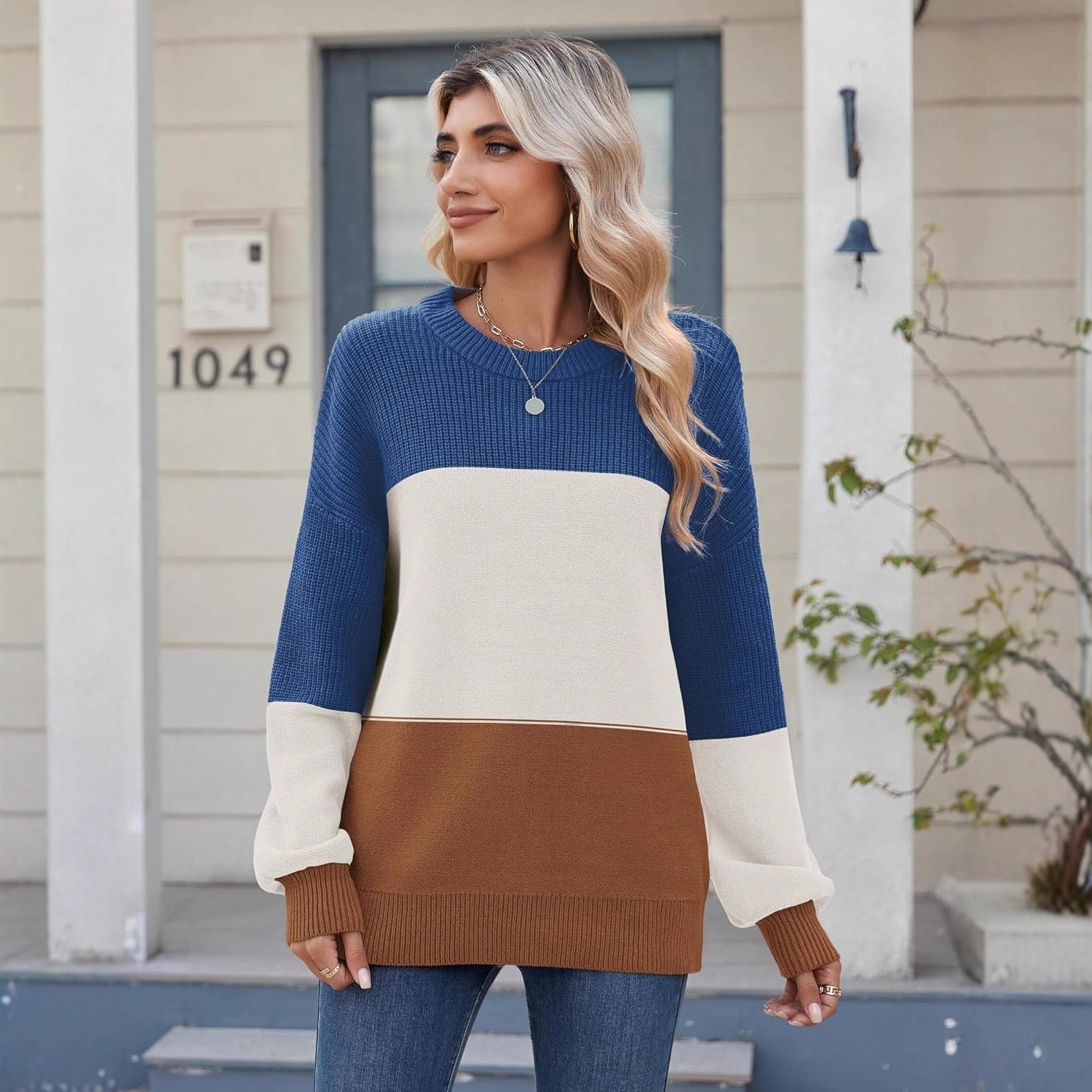 Women's Color Block Sweater with Loose Fit