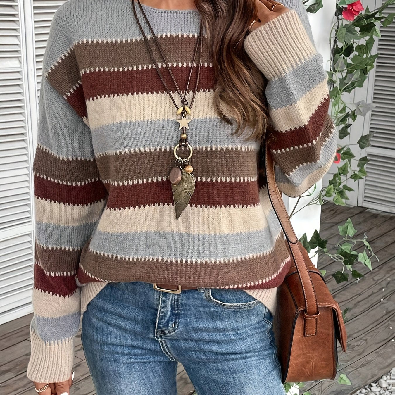 Women's Colourful Crew Neck Jumper with Drop Shoulders - Cosy Knit