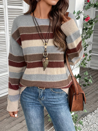Women's Colourful Crew Neck Jumper with Drop Shoulders - Cosy Knit