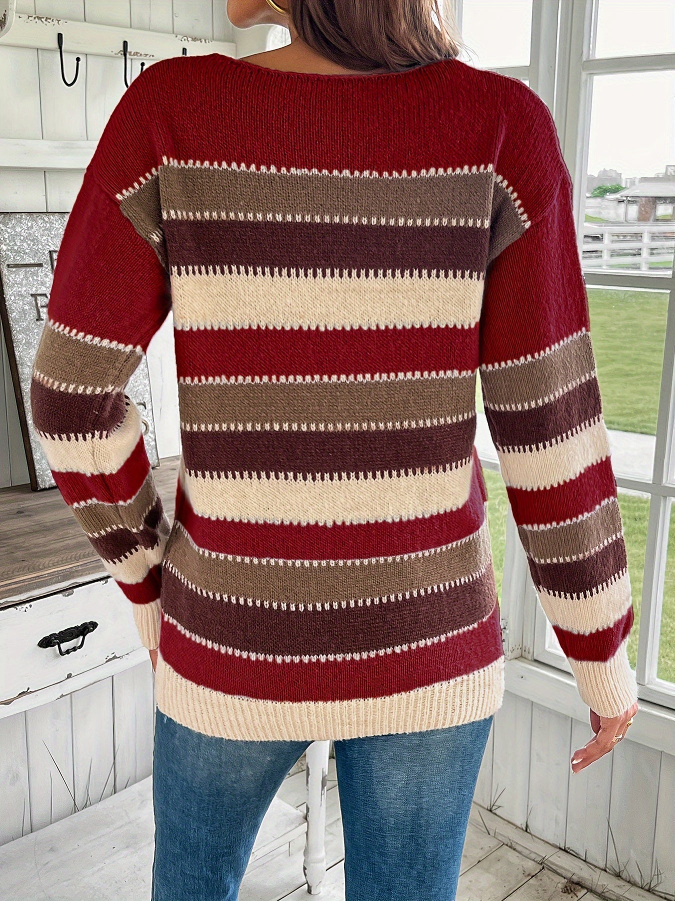 Women's Colourful Crew Neck Jumper with Drop Shoulders - Cosy Knit
