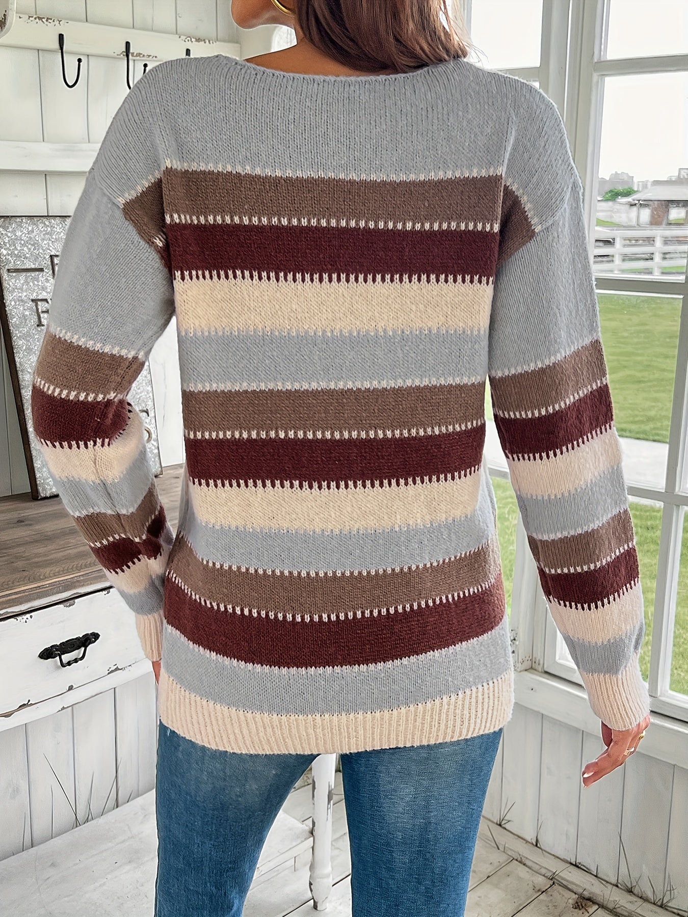 Women's Colourful Crew Neck Jumper with Drop Shoulders - Cosy Knit