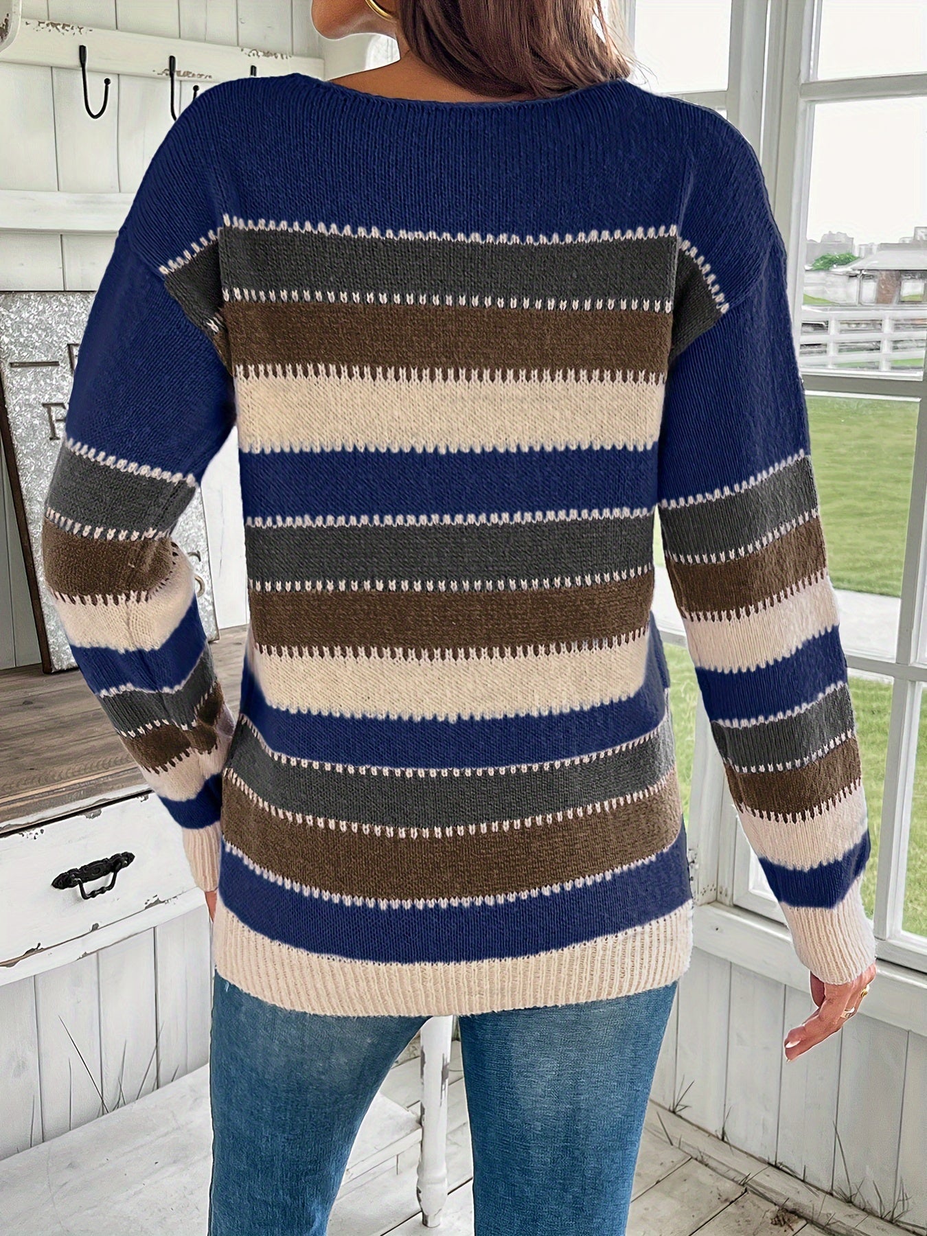 Women's Colourful Crew Neck Jumper with Drop Shoulders - Cosy Knit