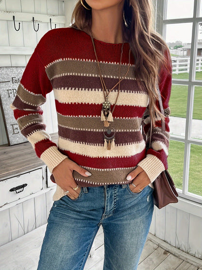 Women's Colourful Crew Neck Jumper with Drop Shoulders - Cosy Knit