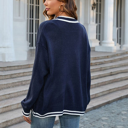 Women's Contrast Trim Button Knit Cardigan with V-Neckline