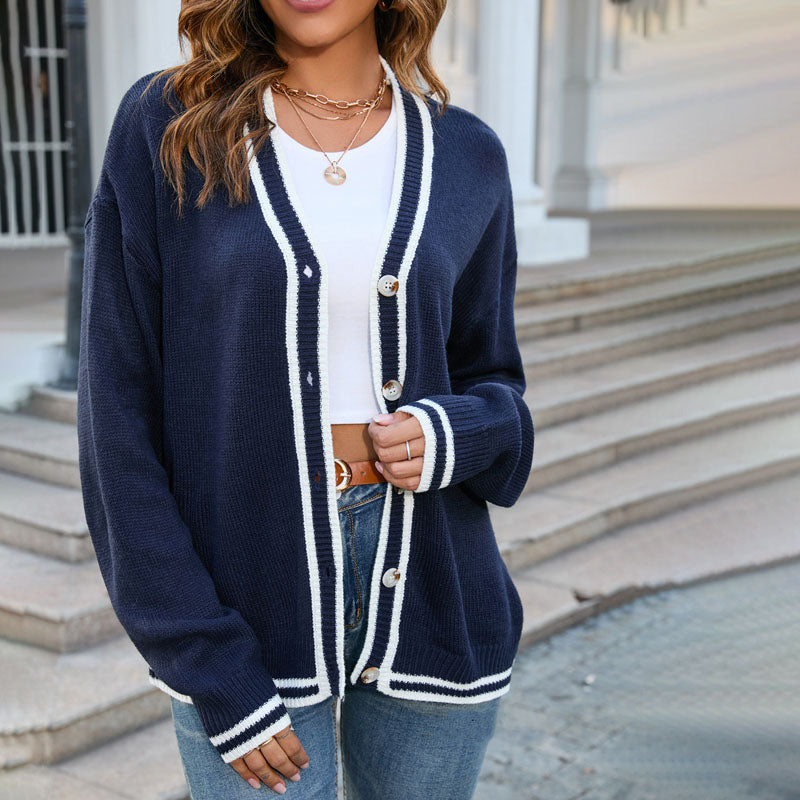 Women's Contrast Trim Button Knit Cardigan with V-Neckline