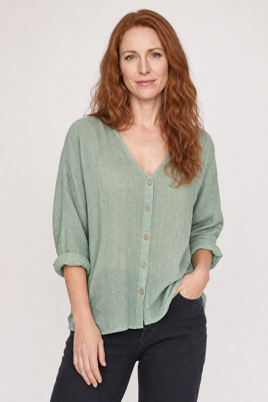 Women's Cotton Button-Front Top with V-Neck