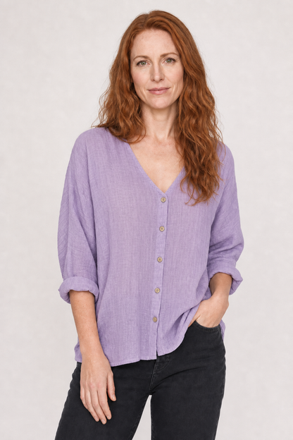 Women's Cotton Button-Front Top with V-Neck