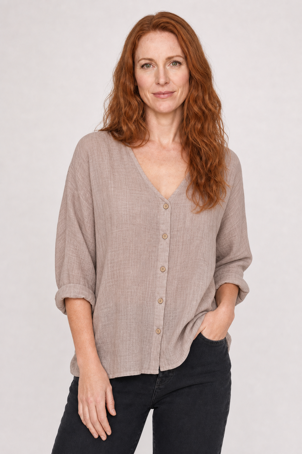 Women's Cotton Button-Front Top with V-Neck