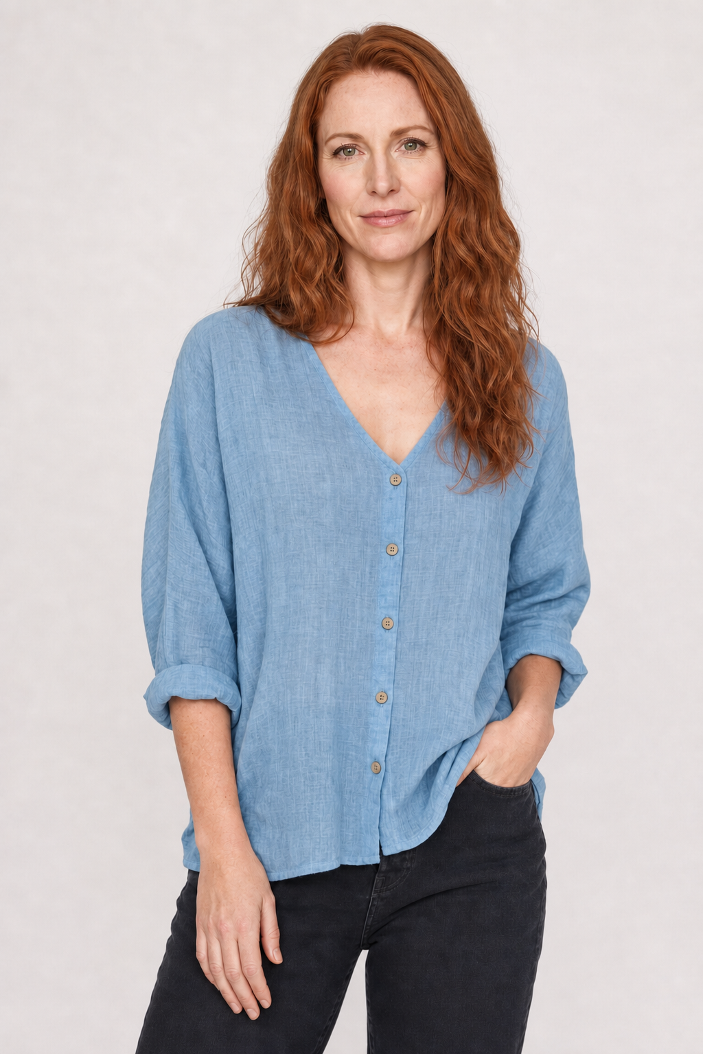 Women's Cotton Button-Front Top with V-Neck