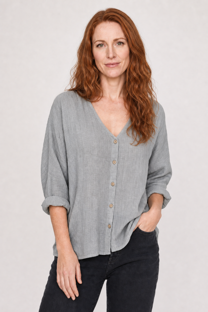 Women's Cotton Button-Front Top with V-Neck