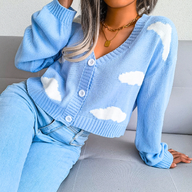 Women's Cropped Cloud Knit Cardigan with V-Neck Design