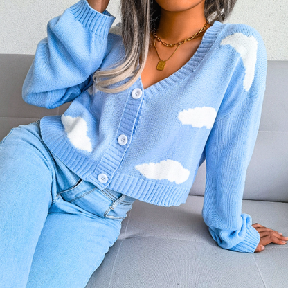 Women's Cropped Cloud Knit Cardigan with V-Neck Design