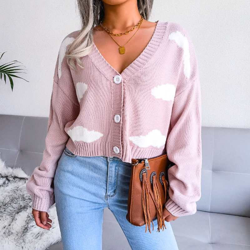 Women's Cropped Cloud Knit Cardigan with V-Neck Design