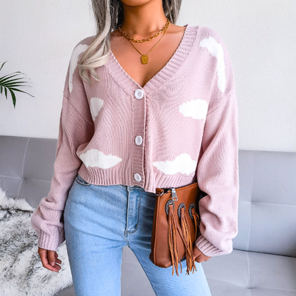 Women's Cropped Cloud Knit Cardigan with V-Neck Design