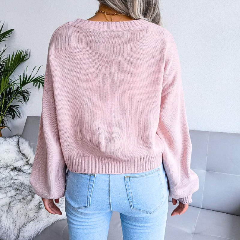 Women's Cropped Cloud Knit Cardigan with V-Neck Design