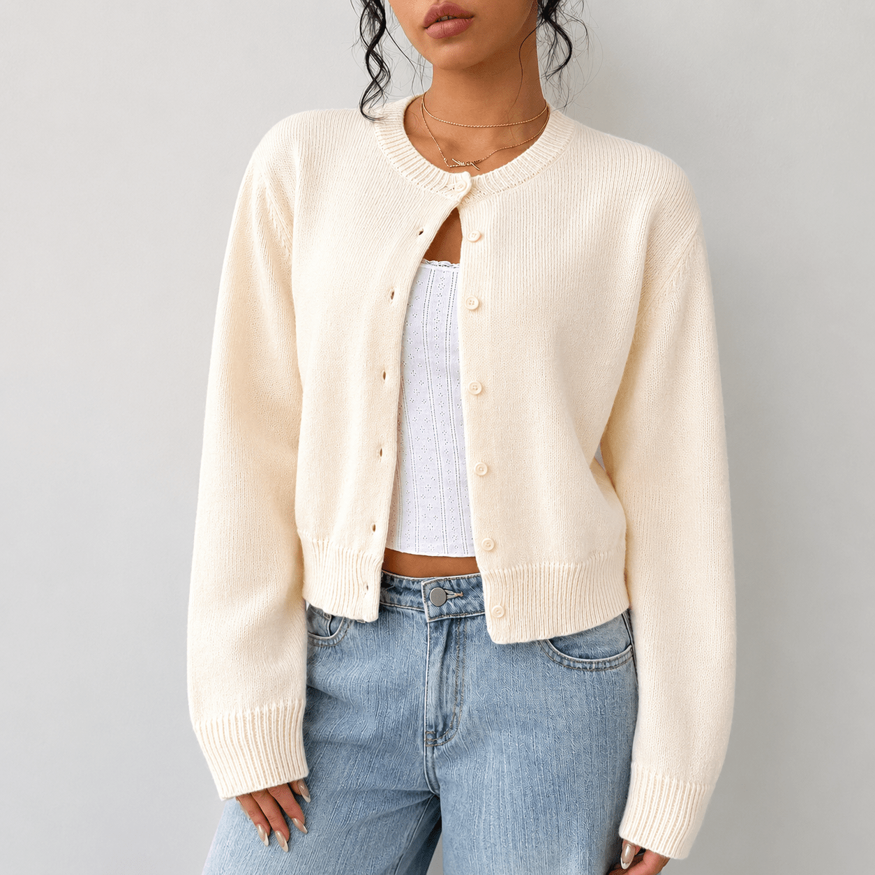 Women's Cropped Knit Cardigan with Button-Up Front - Elegant