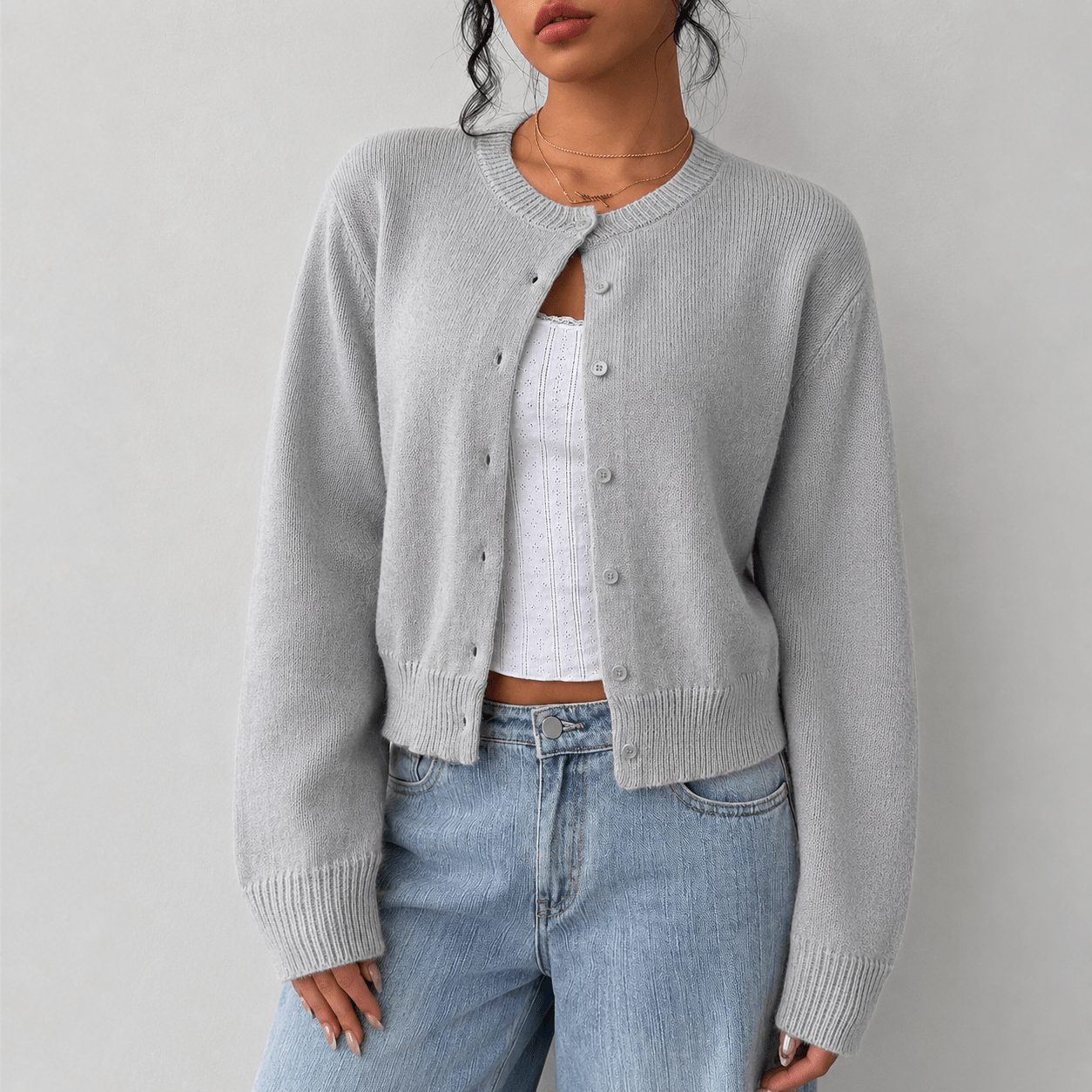 Women's Cropped Knit Cardigan with Button-Up Front - Elegant