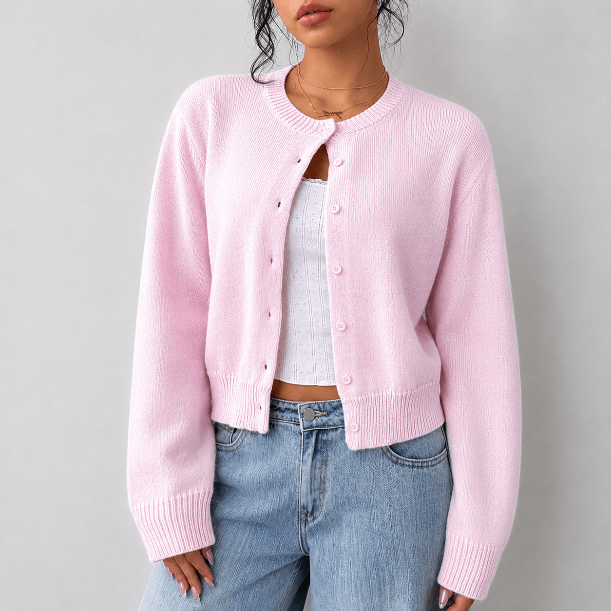 Women's Cropped Knit Cardigan with Button-Up Front - Elegant