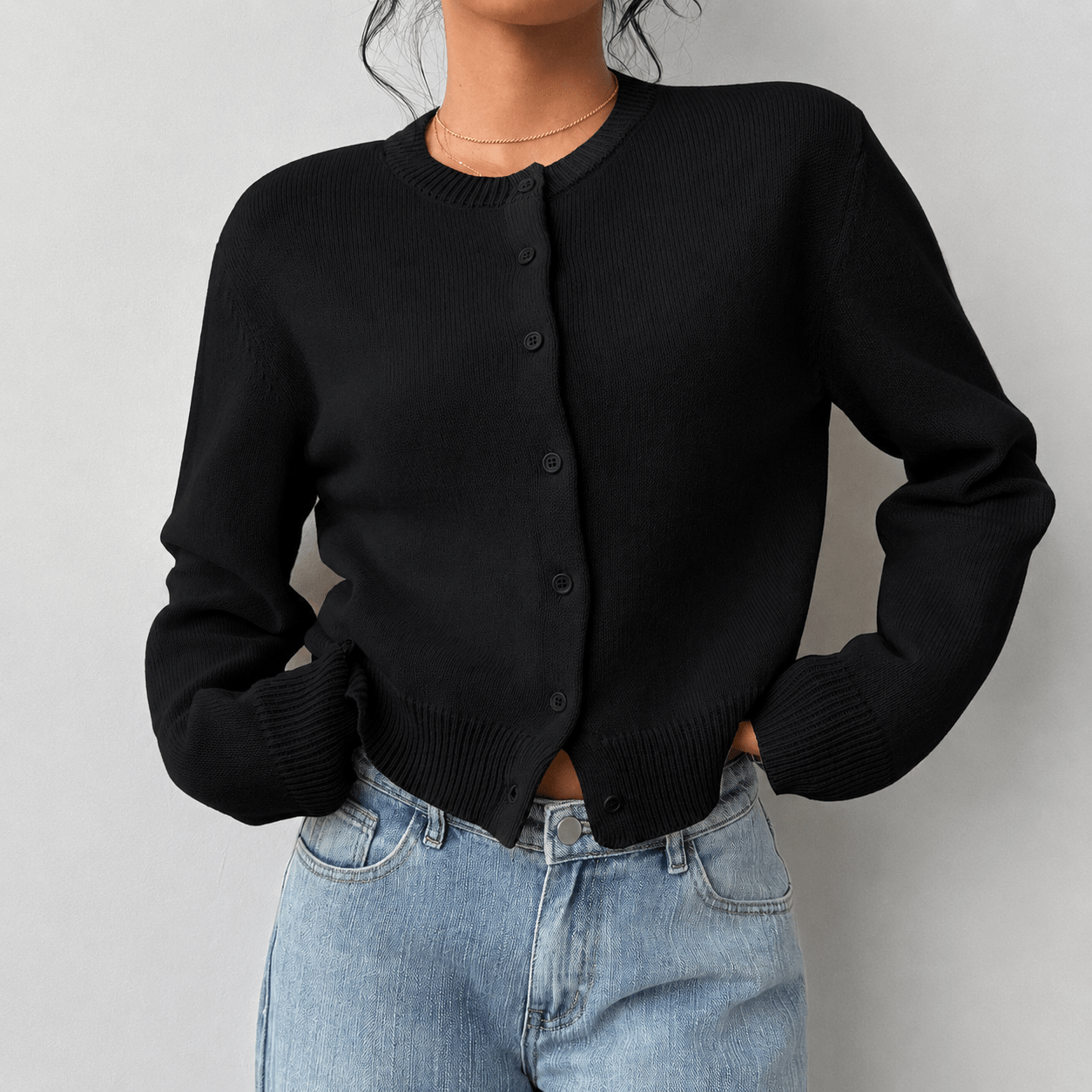 Women's Cropped Knit Cardigan with Button-Up Front - Elegant