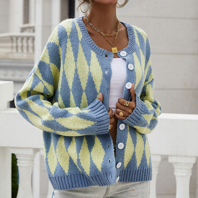 Women's Diamond Knit Cardigan with Button Front and Relaxed Fit