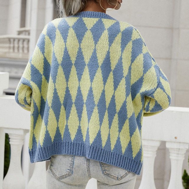 Women's Diamond Knit Cardigan with Button Front and Relaxed Fit