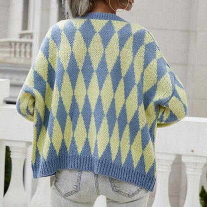 Women's Diamond Knit Cardigan with Button Front and Relaxed Fit