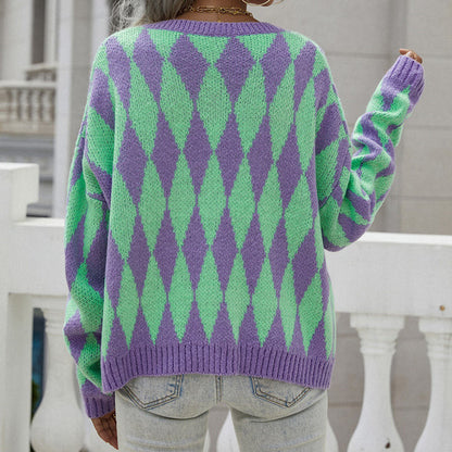 Women's Diamond Knit Cardigan with Button Front and Relaxed Fit