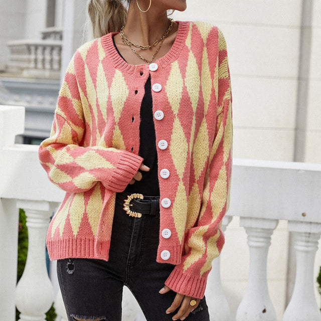 Women's Diamond Knit Cardigan with Button Front and Relaxed Fit