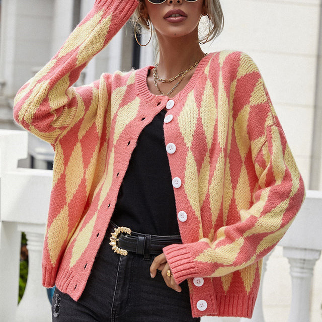 Women's Diamond Knit Cardigan with Button Front and Relaxed Fit