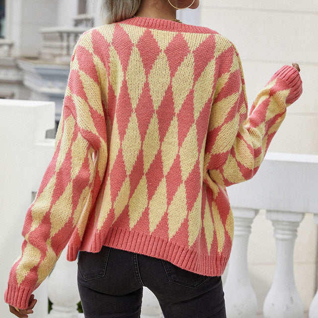 Women's Diamond Knit Cardigan with Button Front and Relaxed Fit
