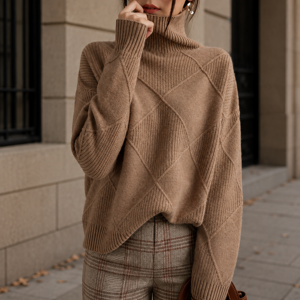 Women's Diamond Knit Turtleneck Jumper in Premium Knit Blend